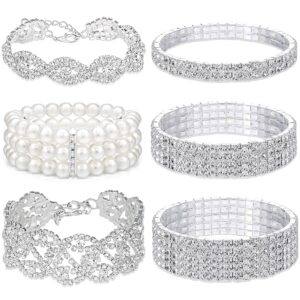 EIELO 6-Piece Rhinestone Stretch Bracelets for Ladies – Glowing Clear Crystal Marriage ceremony Jewellery for Brides and Bridesmaids – Stackable Elastic Pearl Multilayer Strand Hyperlink Tennis…