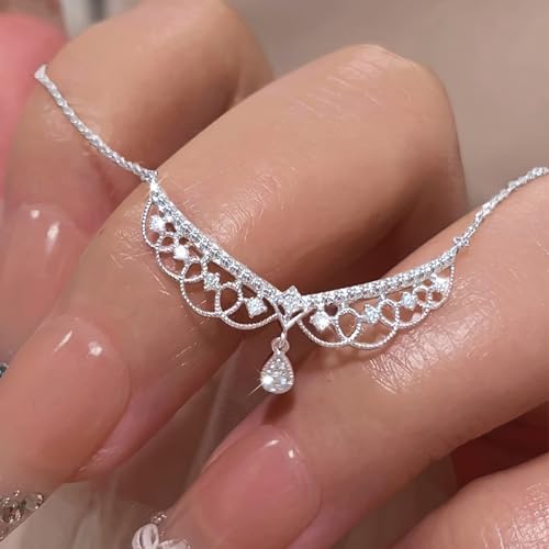 Elegant Classic S925 Sterling Silver Crystal Lace Choker Necklace for Girls with Fancy CZ Teardrop Pendant - Hole Lace Rhinestone Jewellery for Bridal and Christmas Items