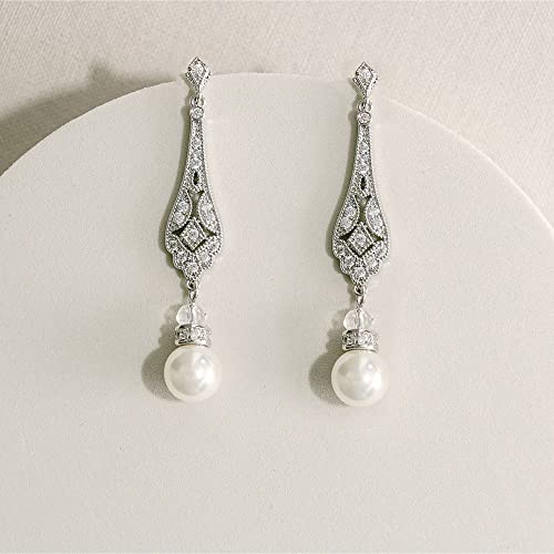 Frankie Fashions Classic Pearl Drop Earrings – Elegant Wedding ceremony Earrings for Brides, Bridesmaids, and Moms of the Bride with Beautiful Pearls and Cubic Zirconia