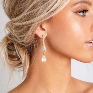 Frankie Fashions Classic Pearl Drop Earrings – Elegant Wedding ceremony Earrings for Brides, Bridesmaids, and Moms of the Bride with Beautiful Pearls and Cubic Zirconia