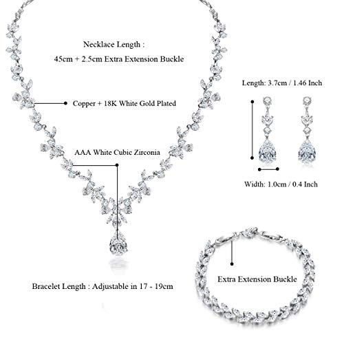 Hadskiss Ladies's Jewellery Set: Necklace, Dangle Earrings, and Bracelet with White AAA Cubic Zirconia - Allergy-Free Wedding ceremony and Social gathering Accent for Brides and Bridesmaids