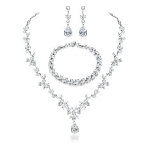 Hadskiss Ladies’s Jewellery Set: Necklace, Dangle Earrings, and Bracelet with White AAA Cubic Zirconia – Allergy-Free Wedding ceremony and Social gathering Accent for Brides and Bridesmaids