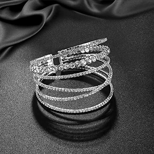 Jojomina Multi-Layered Crystal Rhinestone Cuff Bracelet for Girls and Ladies - Silver Strand Layered Bridal Jewellery for Promenade, Events, Weddings, and Dates