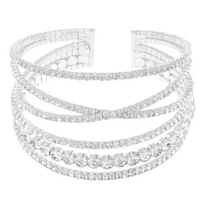 Jojomina Multi-Layered Crystal Rhinestone Cuff Bracelet for Girls and Ladies – Silver Strand Layered Bridal Jewellery for Promenade, Events, Weddings, and Dates