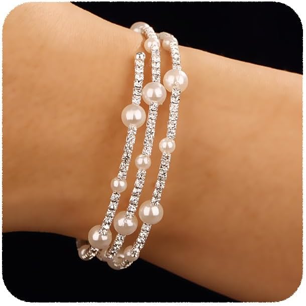 YERTTER Multi-Layered Stretch Wrap Bracelet with Silver, Gold, Pearl, and Rhinestones – Nineteen Twenties Classic Model Present for Girls and Brides